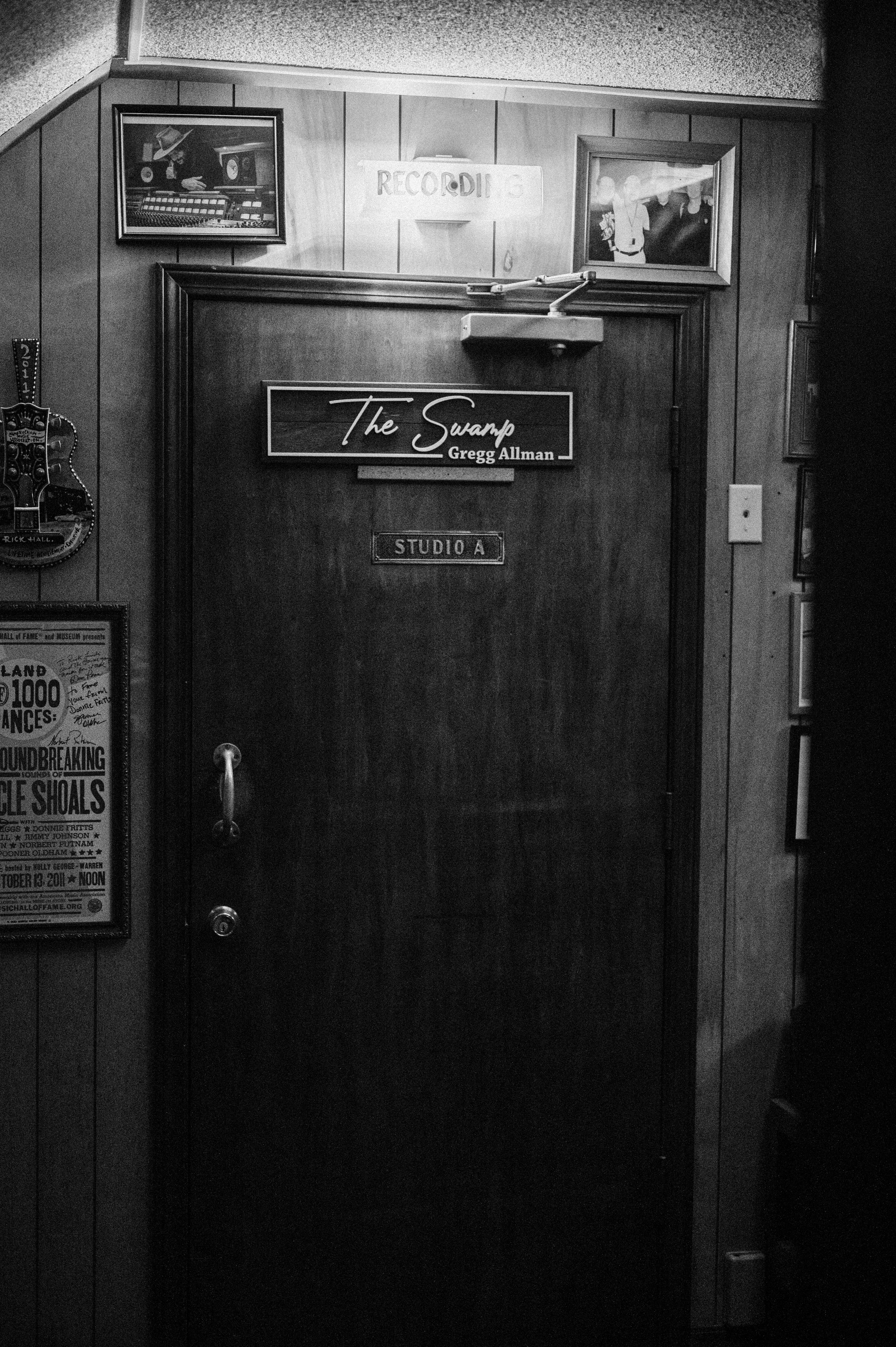 Door to Studio A 'The Swamp' at FAME Studios, Muscle Shoals, in black and white